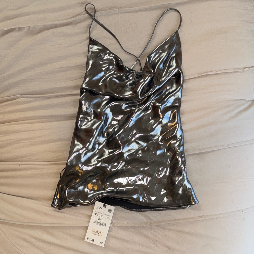 NWT ZARA Metallic Silver Cowl Neck Cami Top - Picture 4 of 4